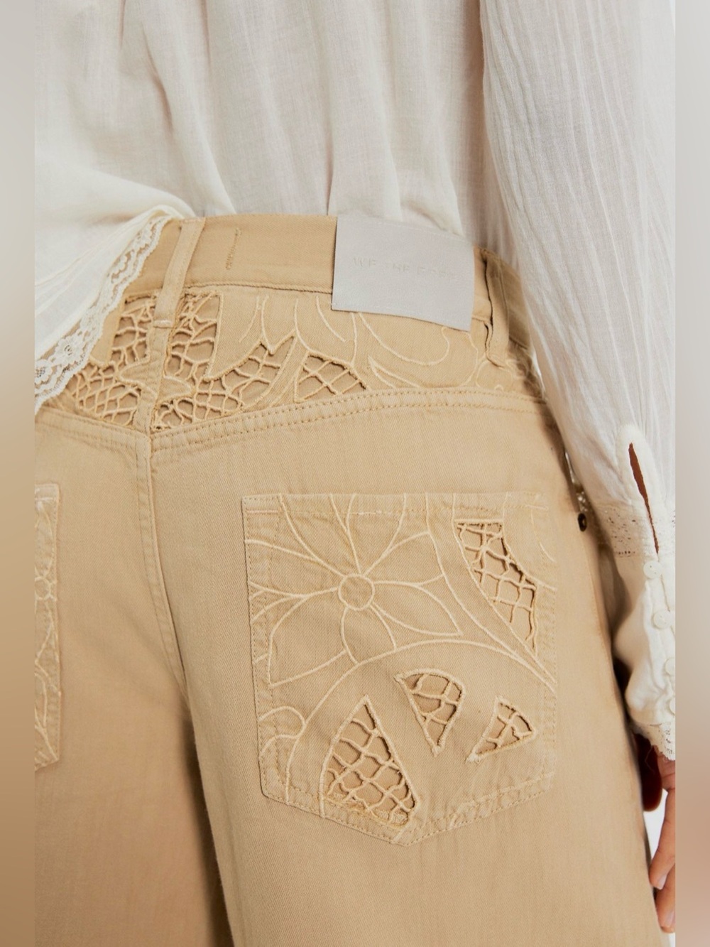 Free People Cut To The Chase Flare Jeans We The Free Embroider Cutwork Lace Tan - Picture 3 of 7